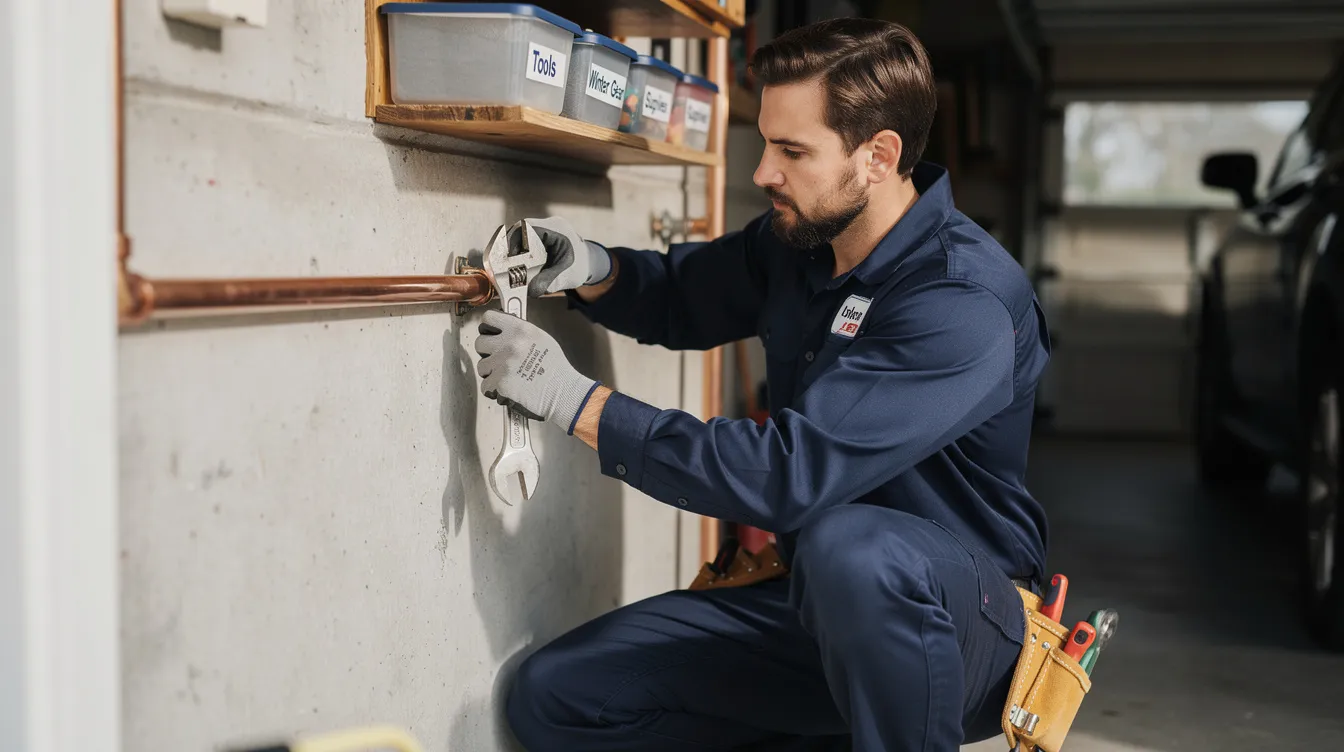A professional plumber in work clothes is using a wrench to fix a copper pipe in a residential garage, demonstrating his skills in plumbing repair and ensuring the home's plumbing system is functioning properly. This local plumber provides reliable service, addressing common plumbing issues for homeowners in Phoenix, AZ.