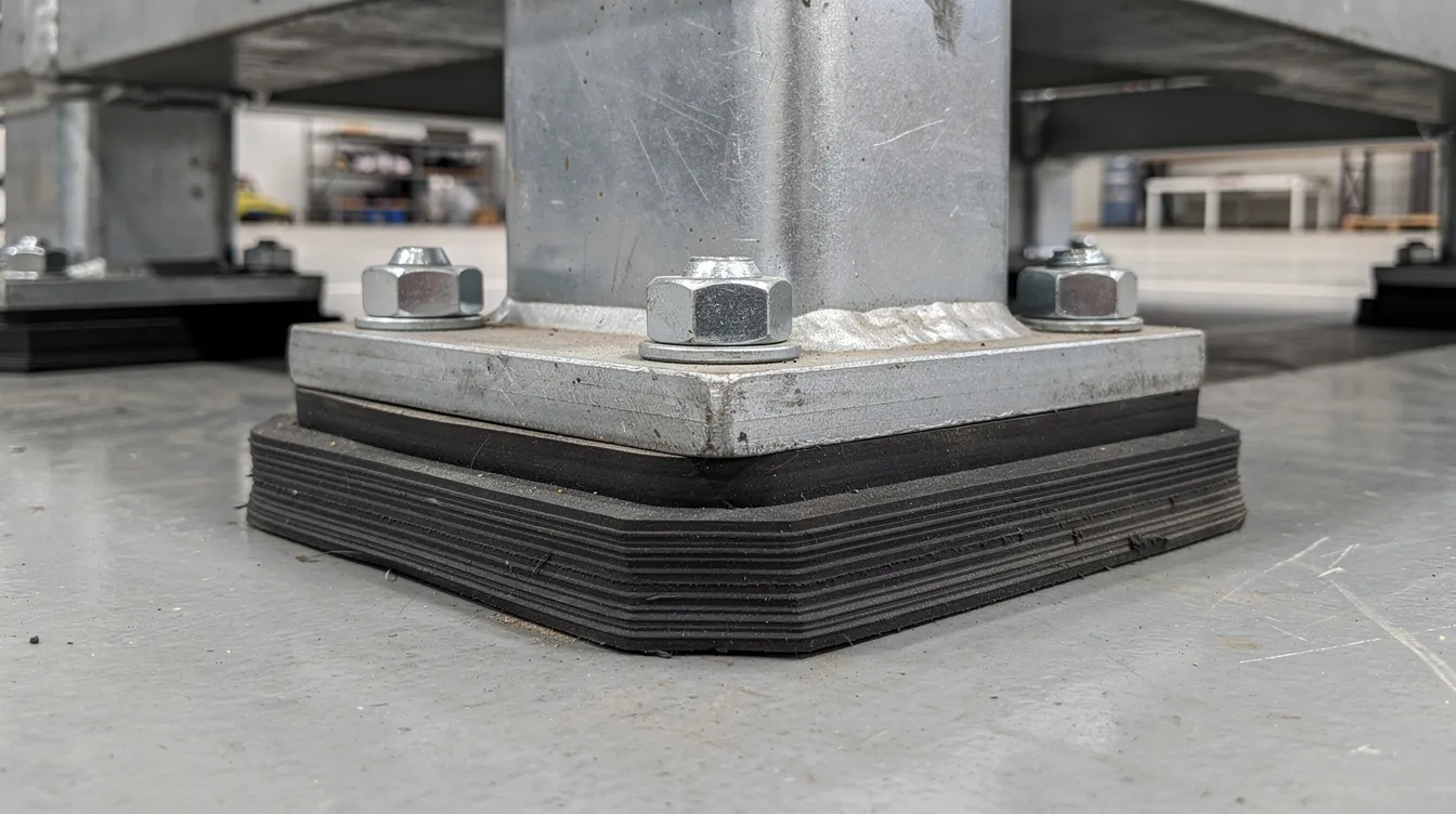 A close-up view of heavy industrial machinery shows mounting feet bolted securely to a concrete floor, with rubber anti-vibration pads positioned beneath to mitigate air compressor vibration. The image highlights the importance of proper installation and maintenance for smooth operations and to prevent potential performance issues in the compressed air system.