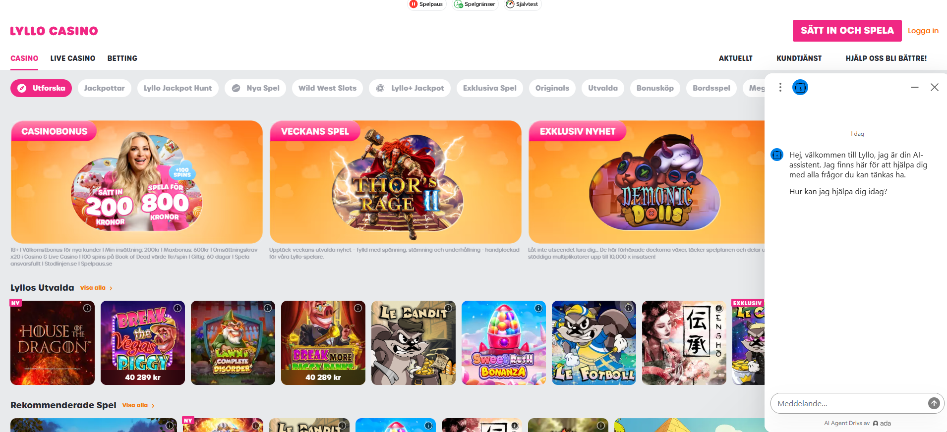 Lyllo Casinos kundtjänst med chattfunktion direkt på casinots webbplats.