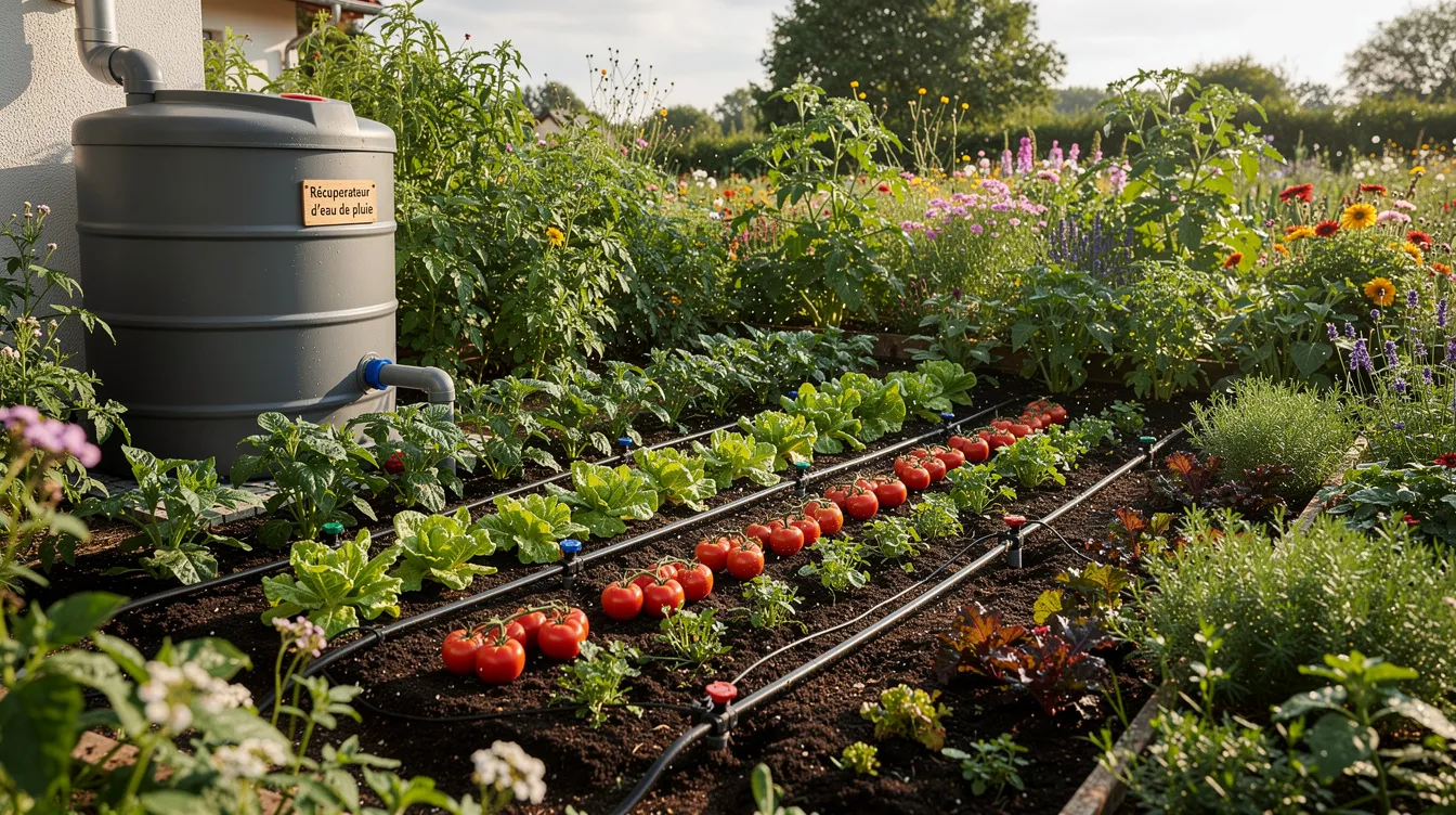 L'image montre un jardin luxuriant avec un potager verdoyant, arrosé par un système d'irrigation connecté à un récupérateur d'eau de pluie. Ce dispositif permet d'optimiser l'utilisation de l'eau de pluie pour l'entretien des plantes, illustrant ainsi une solution durable et économique pour l'arrosage.