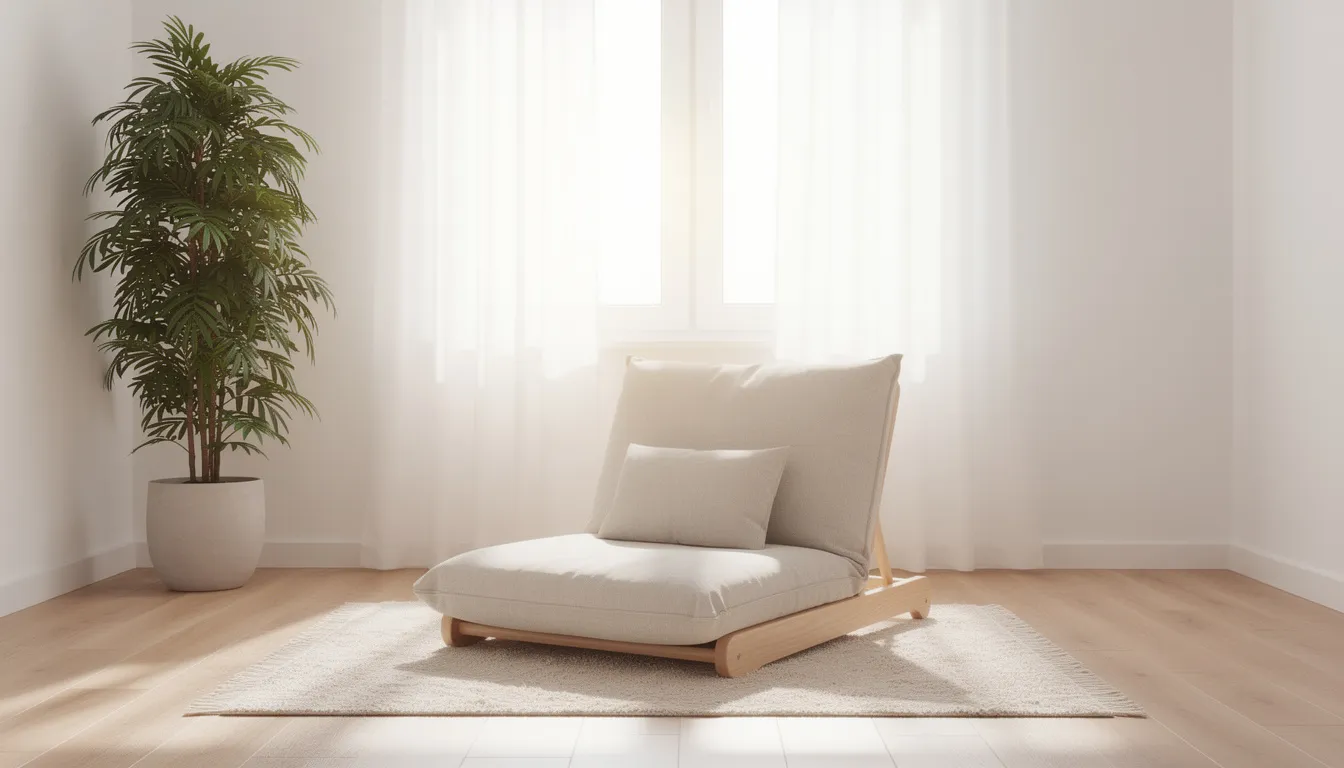 The image depicts a serene corner of a minimalist wellness sanctuary featuring a comfortable meditation chair, a lush floor plant, and soft natural light filtering through sheer curtains, creating a peaceful environment ideal for relaxation and self-care. This dedicated space promotes deep relaxation and enhances overall well-being, making it a perfect retreat in today's fast-paced world.