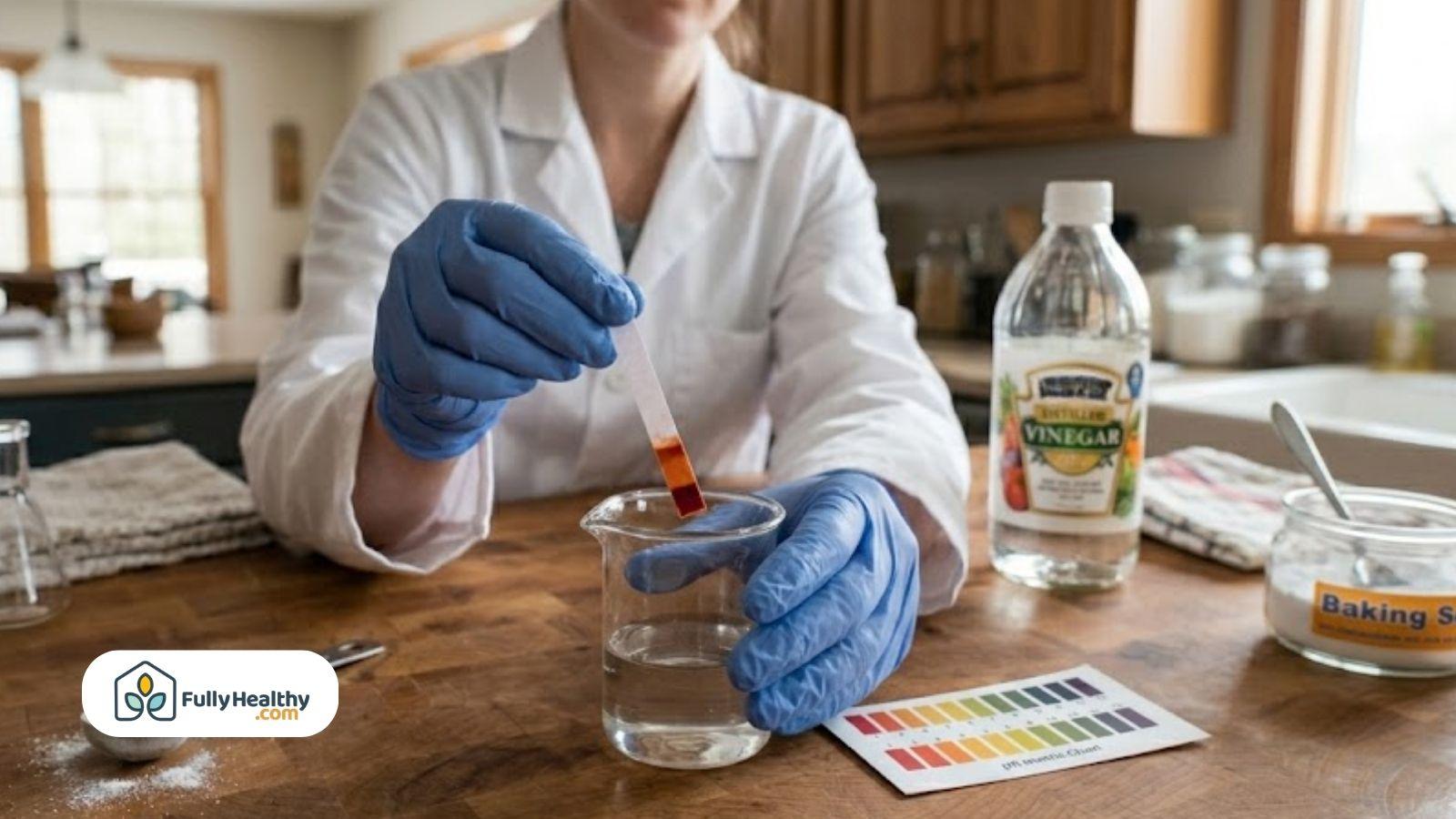 Person testing liquid with pH strip in a kitchen setting.