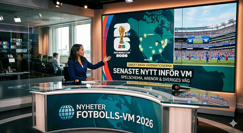 TV-studio som rapporterar om Fotbolls VM 2026 med senaste nyheter om spelschema, arenor och Sveriges väg genom VM kvalet inför världsmästerskapet i fotboll 2026 som spelas i USA, Kanada och Mexiko.