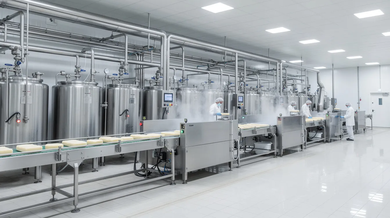 The image depicts industrial stainless steel cheese processing equipment located inside a modern dairy factory, showcasing various cheese vats and machinery essential for cheddar cheese production. This advanced setup highlights the unit operations involved in the cheese manufacturing process, emphasizing the dairy industry's commitment to quality and efficiency.