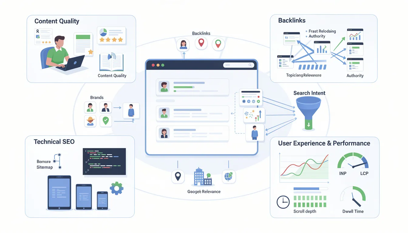 An infographic illustrating the key factors influencing Google's ranking algorithm, including content quality, backlinks, and user experience metrics. It highlights the importance of search intent and the impact of high-quality backlinks on a website's authority and search engine optimization (SEO) strategy.