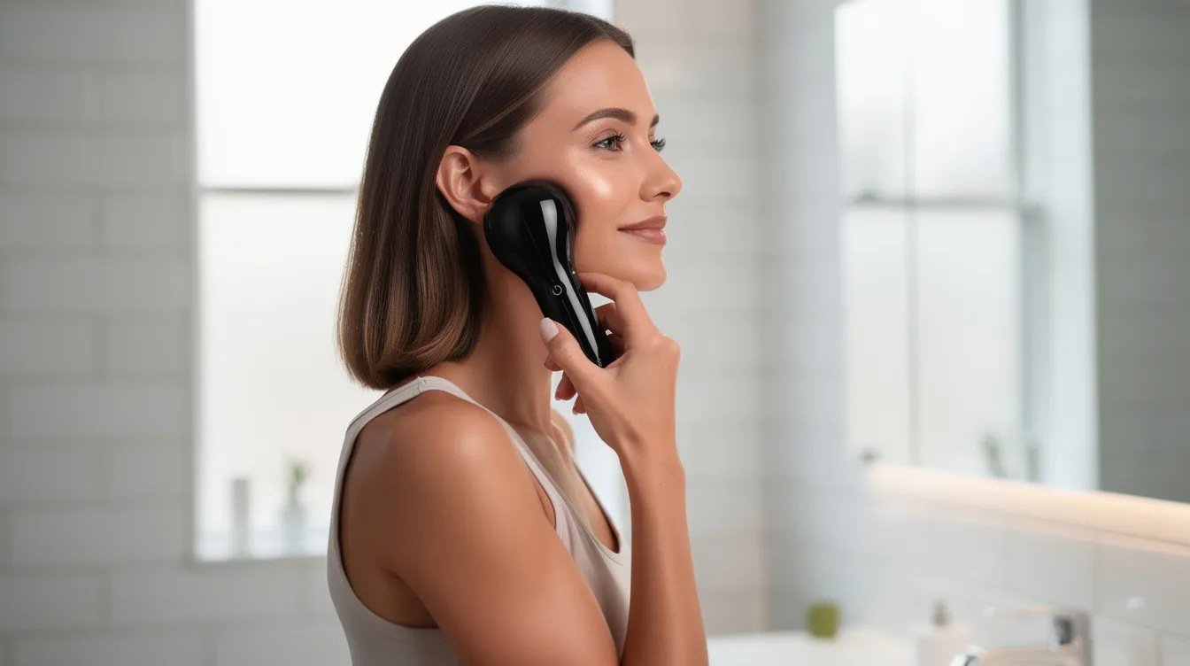 A woman is gently pressing a handheld black beauty device along her jawline in a modern bathroom, highlighting her skincare routine with a focus on achieving a natural finish. The sleek design of the device reflects innovation in beauty products, creating a blend of technology and self-care.