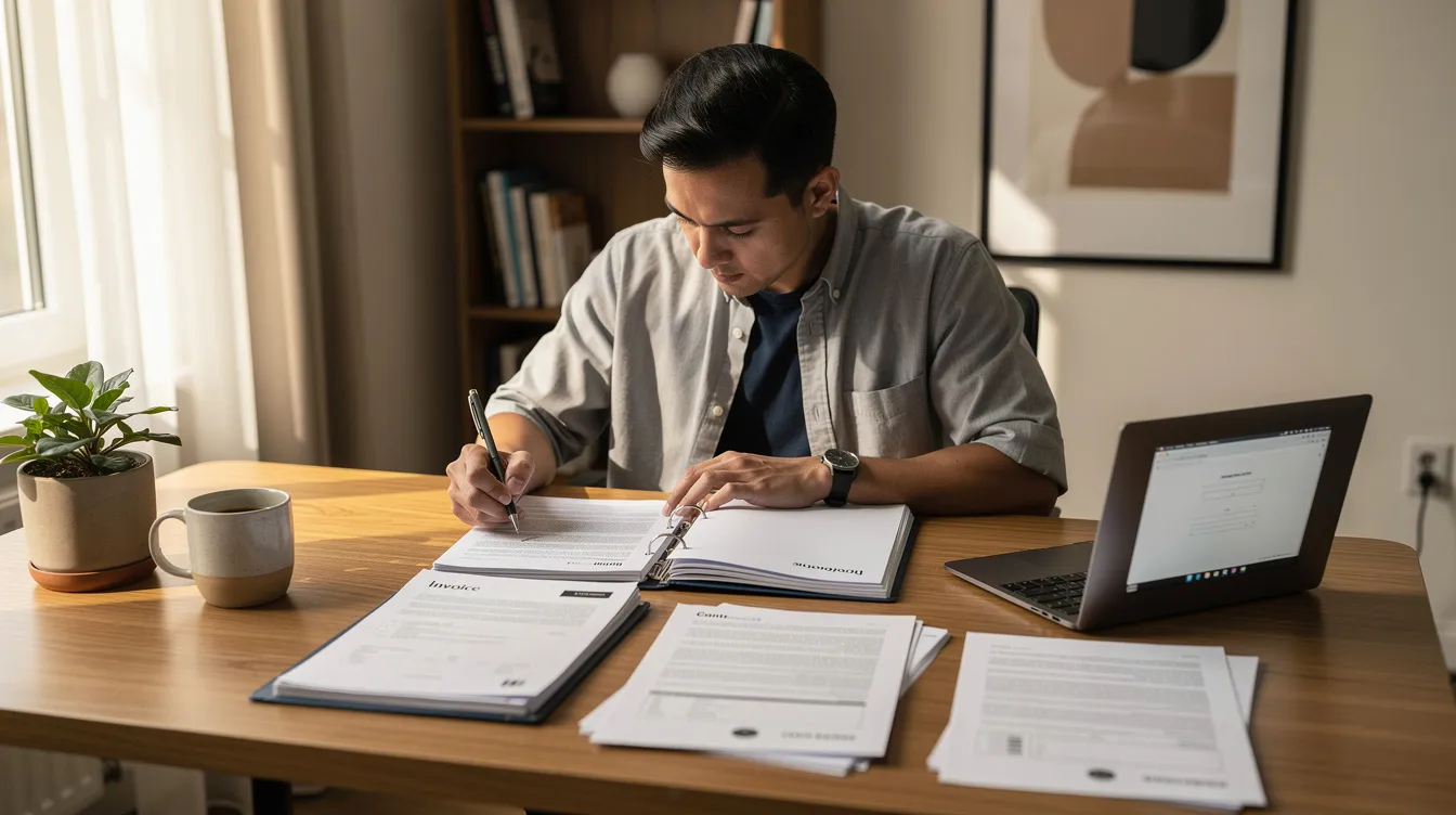 The image depicts a person seated at a home office desk, carefully reviewing legal documents related to child custody and support agreements. Papers are spread out, including a completed form FL 180, as they prepare for the divorce process and related court orders.