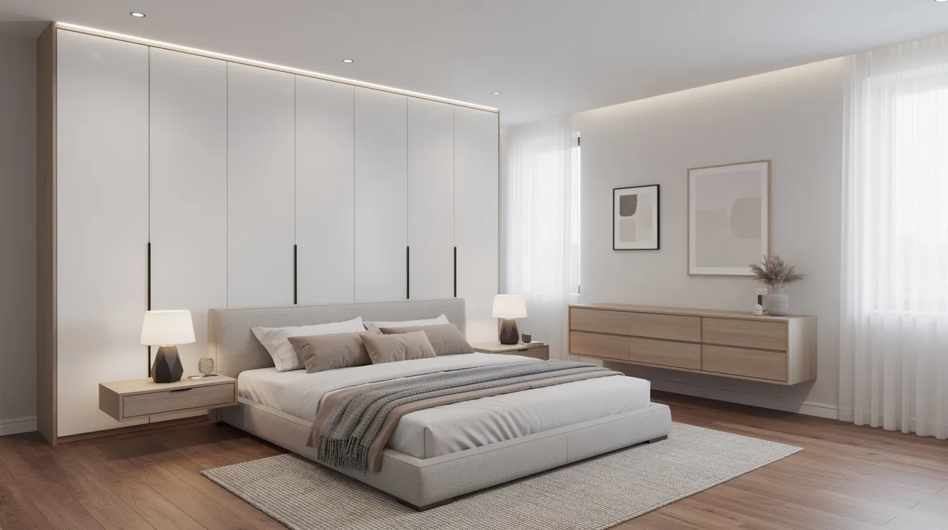 The image depicts a modern bedroom interior featuring floor-to-ceiling fitted wardrobes and contemporary furniture, showcasing custom carpentry and bespoke furniture craftsmanship. The design emphasizes organized storage solutions and a sleek aesthetic, ideal for enhancing living spaces in Dubai.