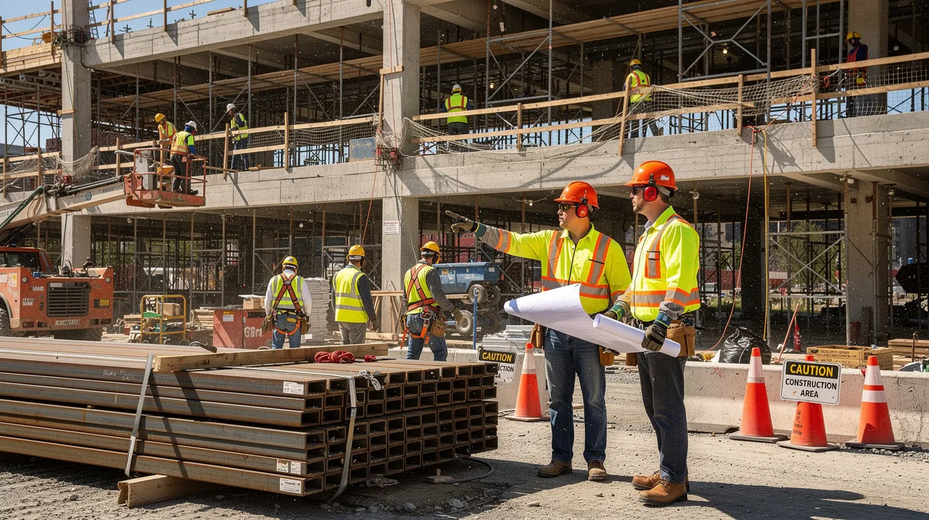 The image shows construction workers wearing hard hats, safety vests, and other protective gear as they work at a busy job site. Their safety equipment highlights the importance of protecting workers from potential personal injury accidents, emphasizing the need for legal representation in cases of workplace injuries.