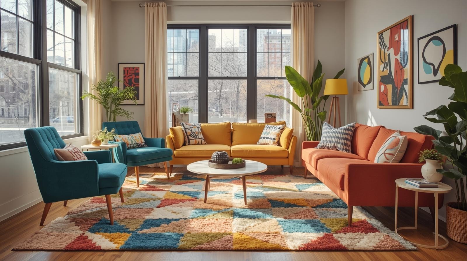 Small apartment living room with large windowe, colourful furniture and a patterned rug