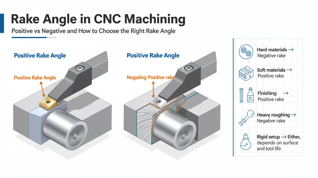 The image illustrates the differences between positive and negative rake angles in CNC machining, highlighting how the correct rake angle affects the cutting edge and tool life. It features diagrams showing the cutting tool geometry, including the rake face and clearance angle, which influence chip formation and surface finish on various materials like cast iron and aluminum.