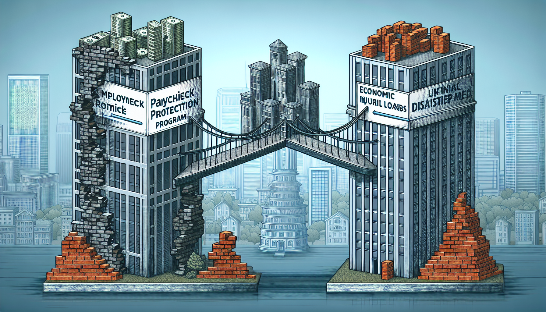 PPP and EIDL loans supporting business recovery, illustrated with buildings and a bridge.