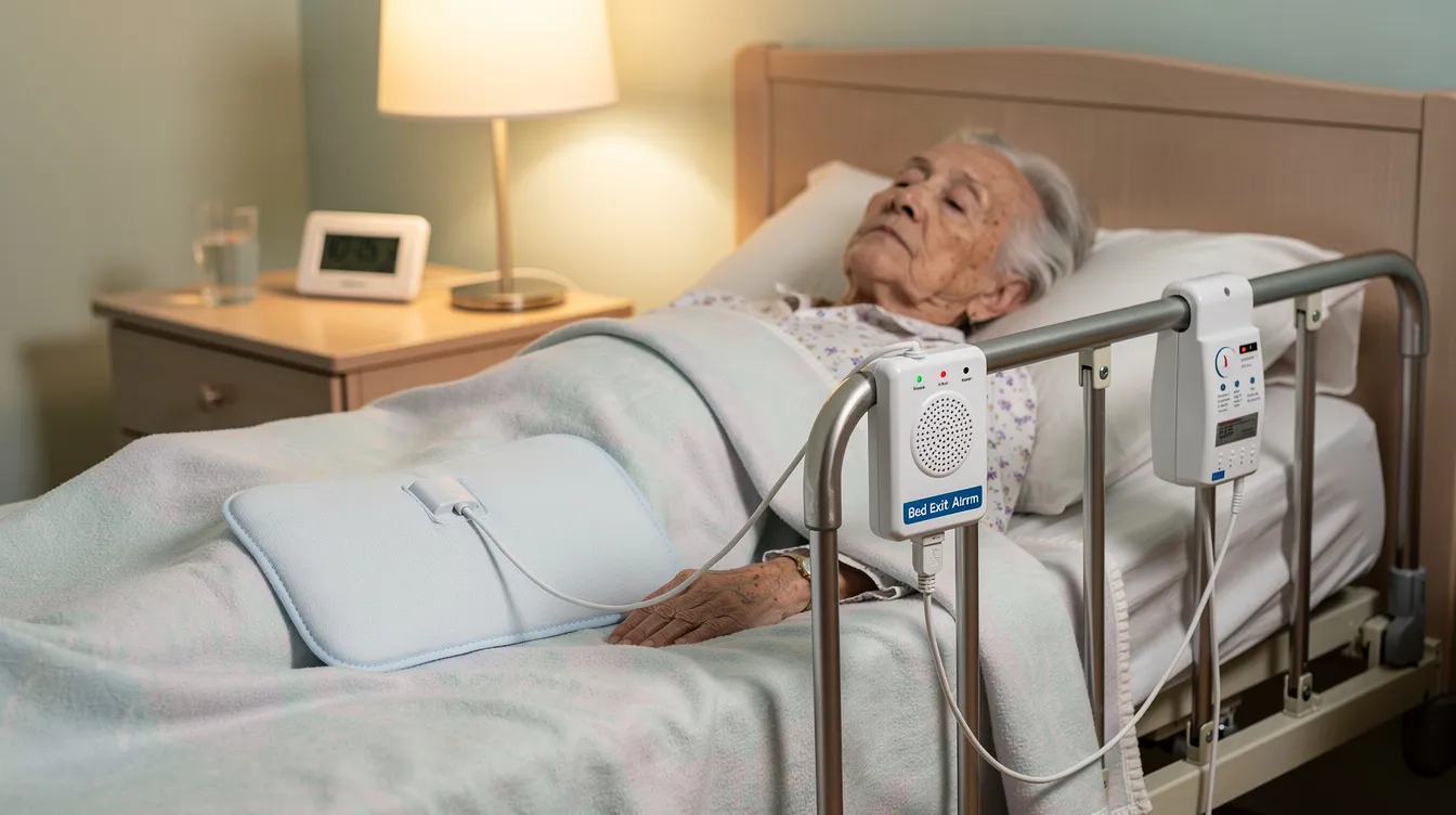 The image shows a bed alarm system designed for elderly individuals, featuring a bed sensor mat that detects movement and triggers a loud noise or voice alert to notify caregivers in case of falls. This portable alarm unit provides an added layer of safety and peace of mind for families, ensuring that elderly patients are monitored effectively in their own homes.