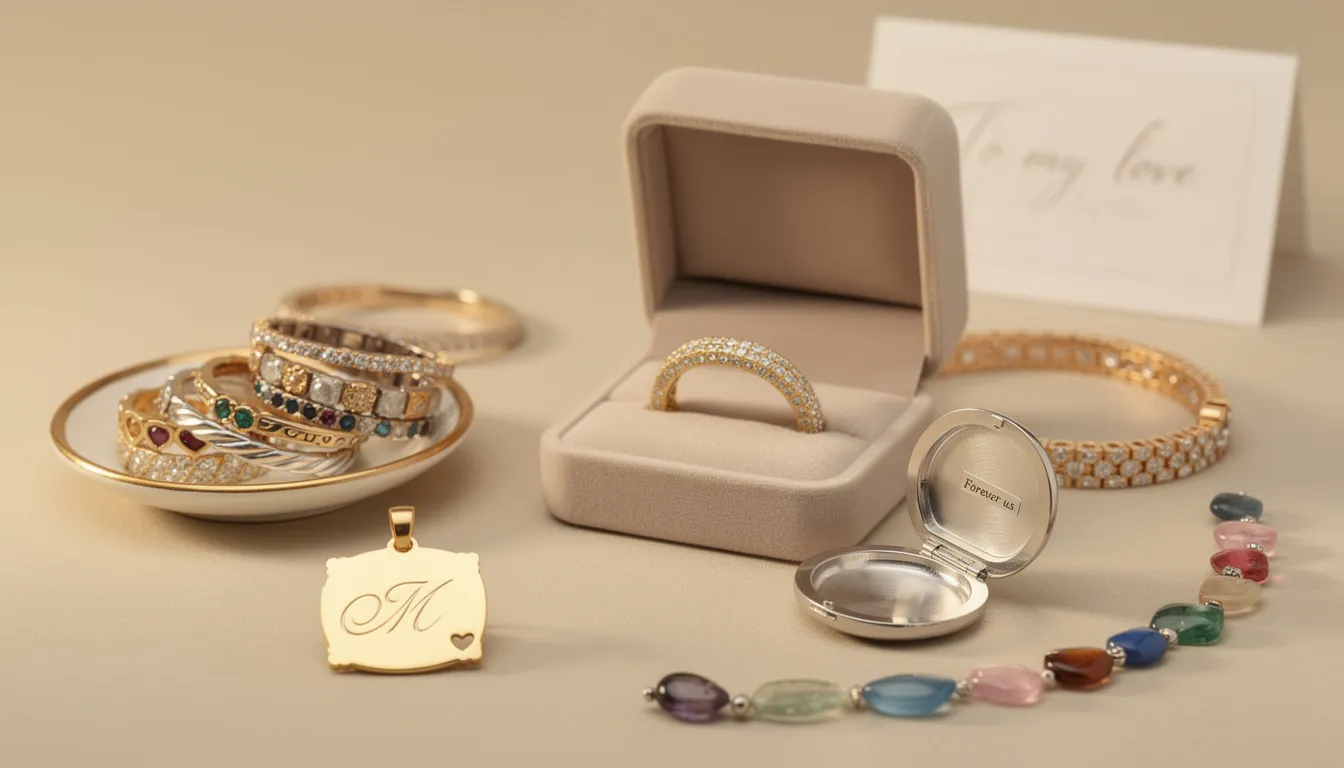 The image showcases a collection of beautifully crafted personalized jewelry gifts, including engraved lockets, initial pendants, and stackable rings, all designed to add a unique touch for special occasions. With options in sterling silver and rose gold, these exquisite pieces reflect the recipient's style and personality, making them perfect treasures for birthdays, anniversaries, or Mother's Day.