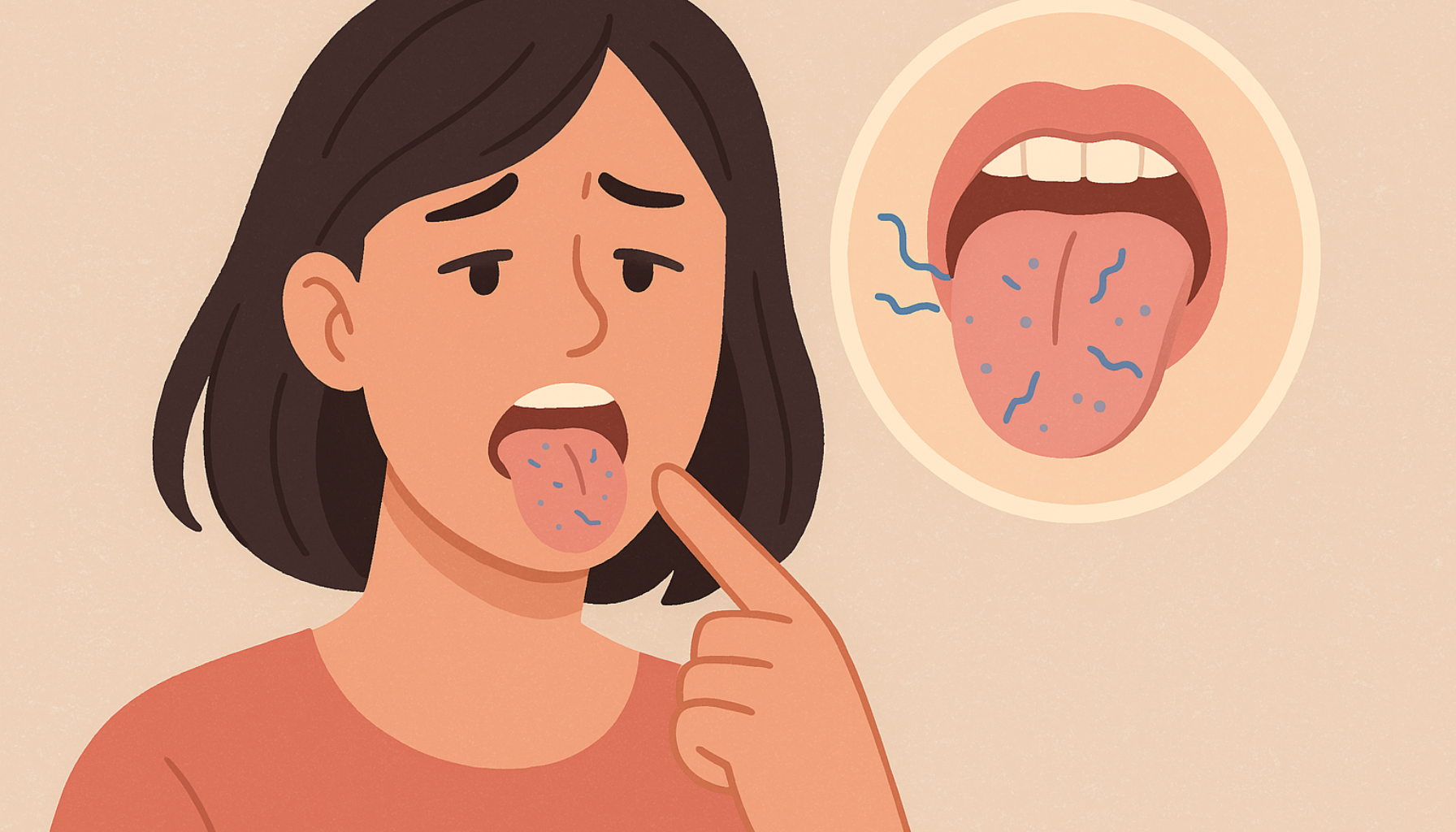 Nummen tunge: Når prikking og følelsesløshet ikke går over 9 Illustrasjon av kvinne som peker på nummen tunge med prikker og linjer som viser prikking og følelsesløshet.