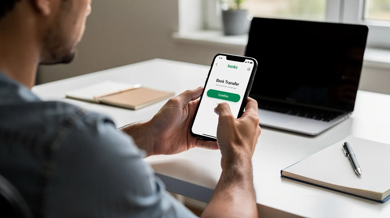 A person is sitting at a desk, focused on their smartphone as they use a mobile banking app to make a bank transfer. The individual is likely entering beneficiary details to ensure the funds are transferred correctly to the intended recipient's bank account.
