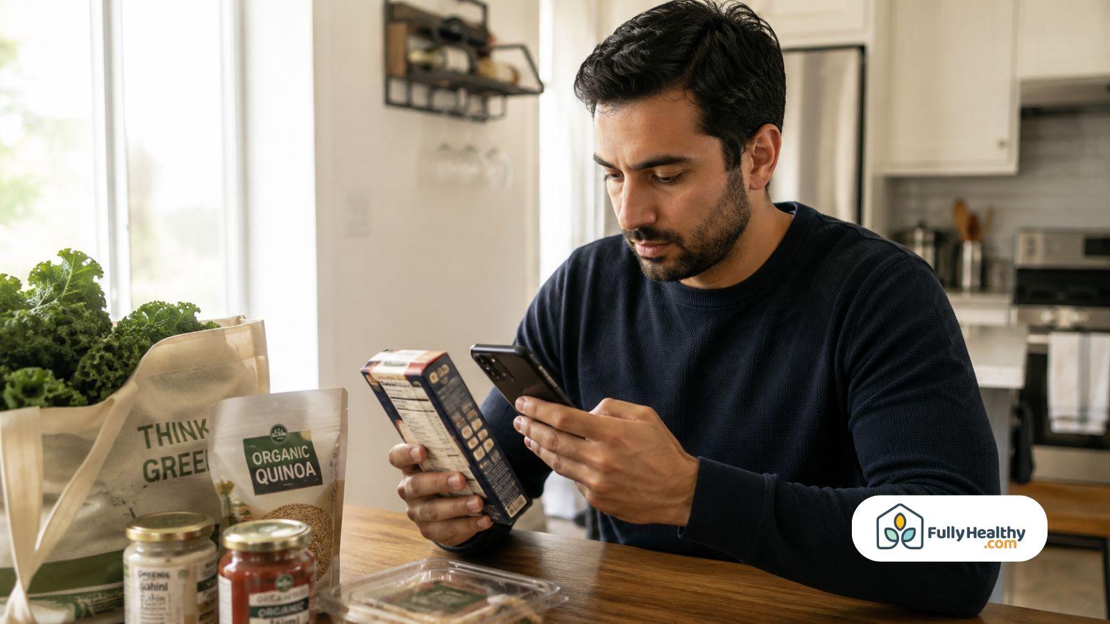 Shopper checking packaged food labels and certifications before choosing specialty grocery products