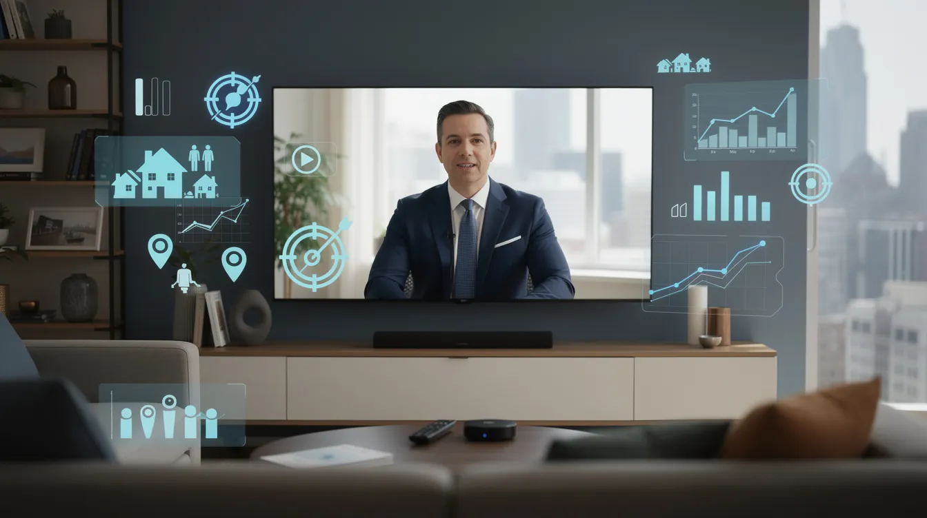 An image depicting a personal injury law firm advertising through Connected TV, featuring a sleek living room with a family watching a streaming service on a smart TV, while a video ad for personal injury lawyers plays on the screen. The scene conveys the modern marketing strategy of law firms targeting potential clients through engaging video content in a home setting.