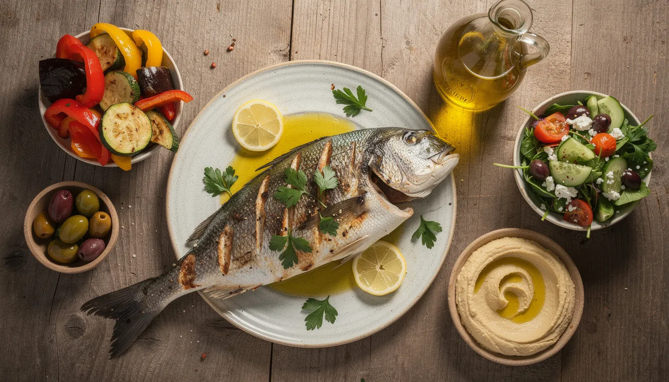 The image depicts a vibrant Mediterranean meal featuring an assortment of fresh vegetables, drizzled with olive oil, and grilled fish, all beautifully arranged on a rustic wooden table. This colorful spread highlights the benefits of a healthy diet, which can support metabolic health and longevity, making it a perfect example of nutritious eating.