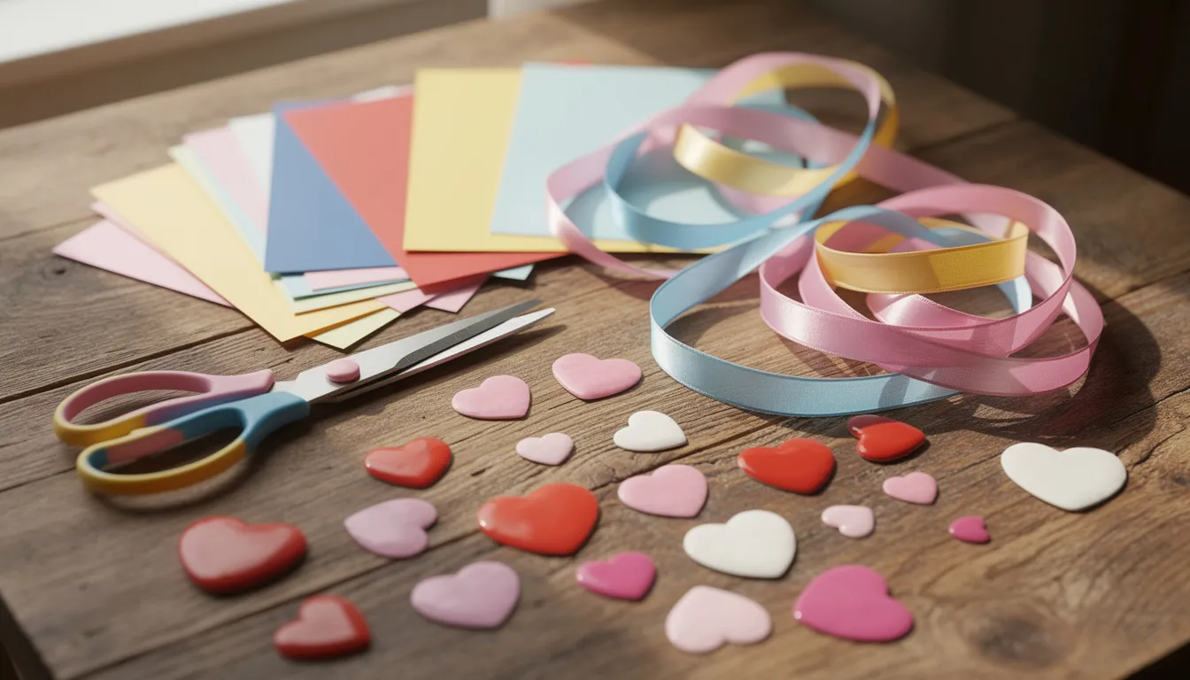 A wooden table is adorned with various craft supplies, including scissors, colorful paper, ribbons, and heart-shaped stickers, perfect for creating personalized Valentine's Day cards. This vibrant collection invites creativity and fun, ideal for making heartfelt messages for family members and friends.