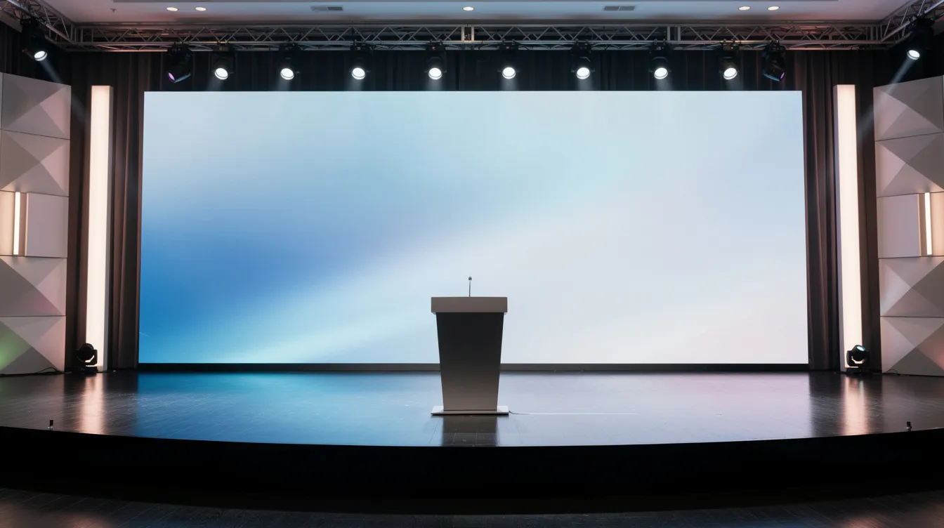 The image features a wide panoramic LED wall positioned behind a corporate stage, complete with a podium and sophisticated stage lighting. This setup, ideal for indoor events, showcases high-quality LED displays that enhance the overall ambiance and visual impact of corporate conferences and other large events.