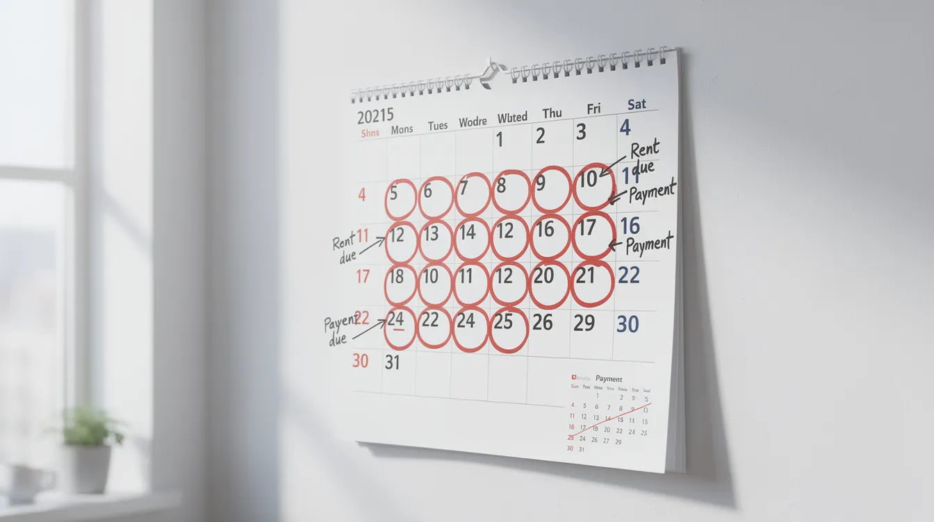 The image shows a calendar with specific dates circled, indicating monthly payment deadlines for a retirement plan. This visual serves as a reminder for clients of the Prudential insurance company to manage their contributions and receive expected retirement benefits efficiently.