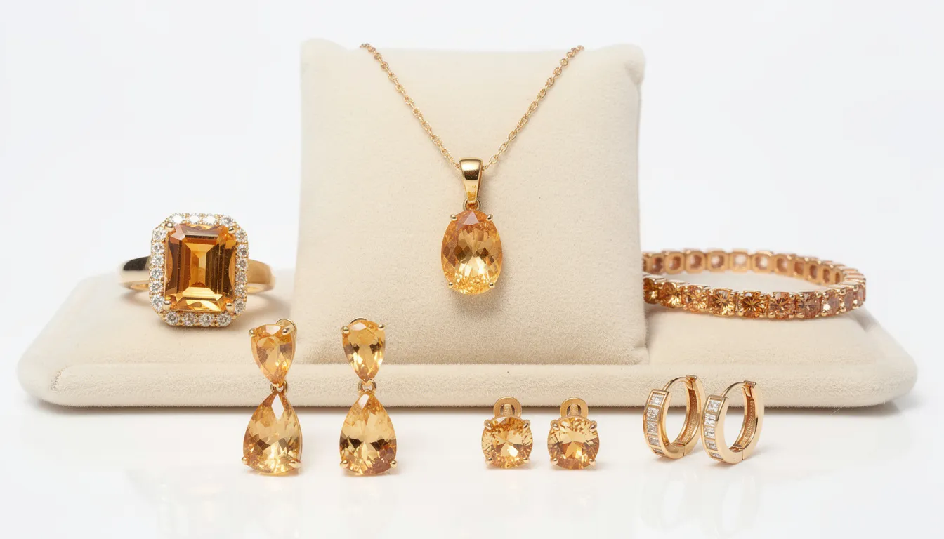 The image showcases a variety of beautiful citrine jewellery, including stunning citrine earrings, set alongside other gemstones like amethyst, london blue topaz, and rose quartz, all displayed on a soft velvet background. The vibrant yellow hues of the citrine pieces contrast elegantly with the rich colors of the surrounding stones, creating a striking visual appeal.