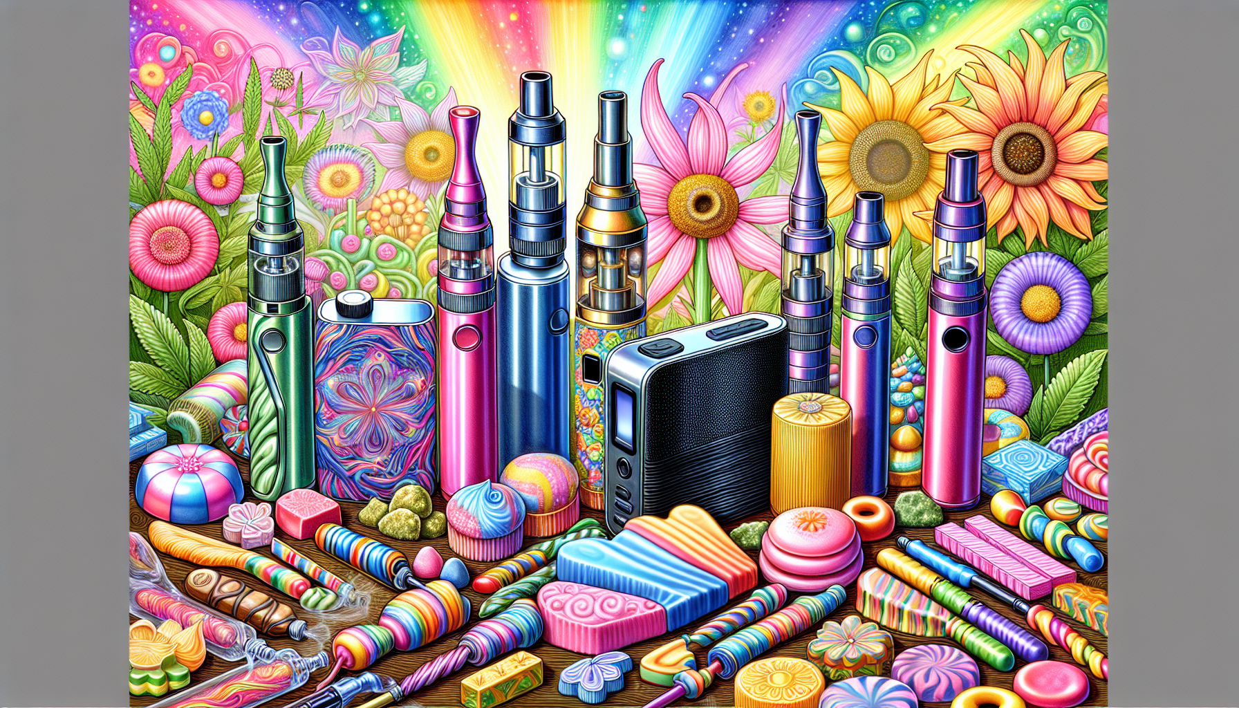 A colorful illustration of various 10-OH-HHC products, including flowers, vapes and edibles.