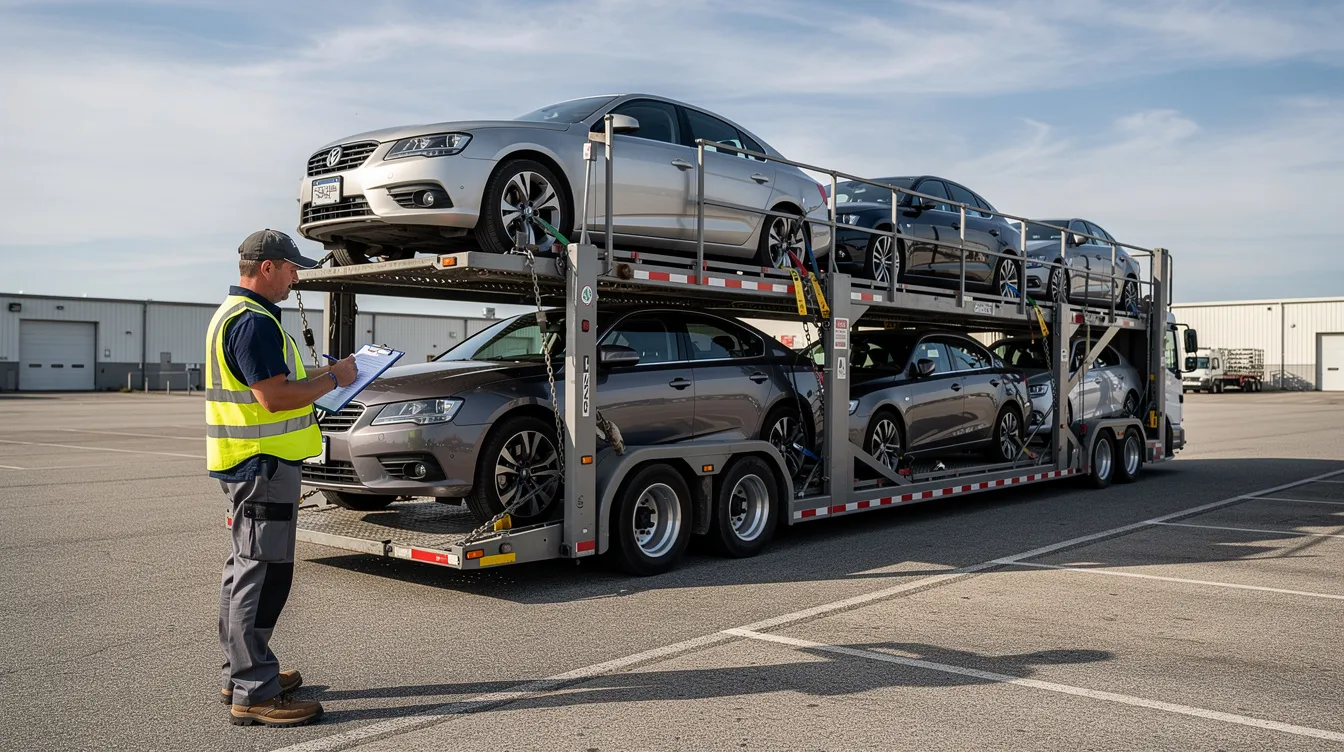 A professional driver is inspecting a vehicle while holding a clipboard next to a car carrier, ensuring the car's condition is documented for reliable car transport services. This scene highlights the thoroughness of auto transport companies in providing quality service for vehicle shipping.