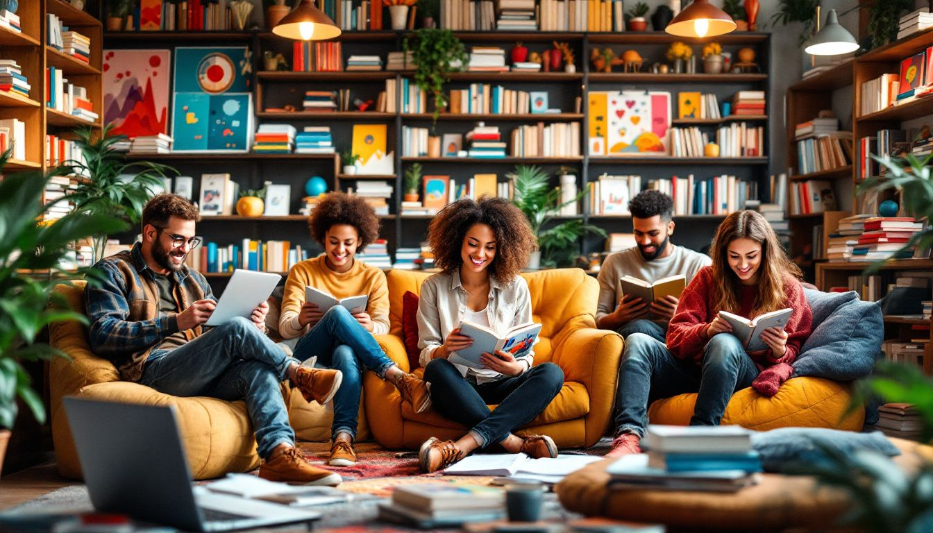 An illustration showing a diverse group of potential readers engaging with books, representing how to market self published book.