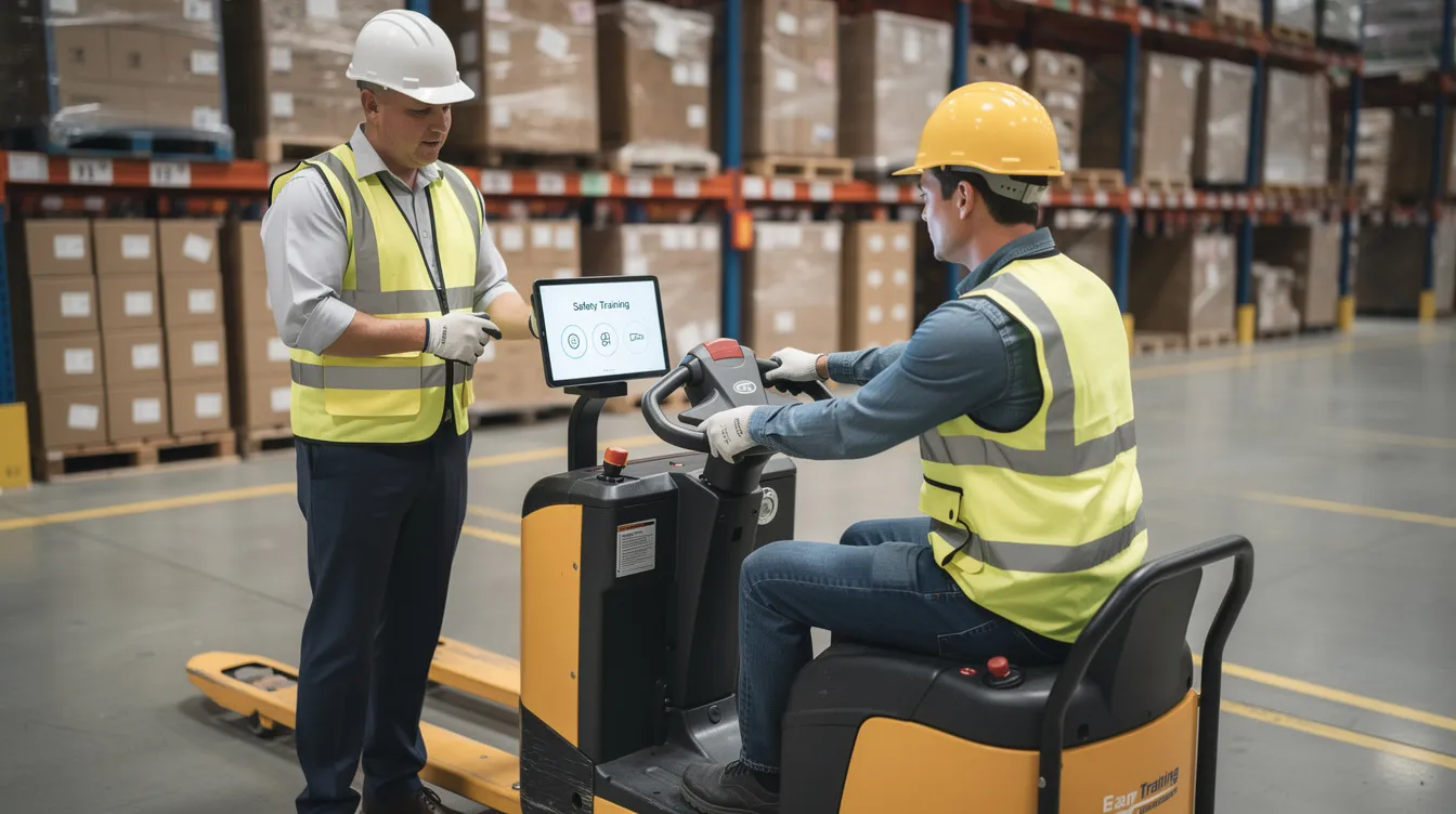 A supervisor assisting a trainee with operating warehouse equipment.