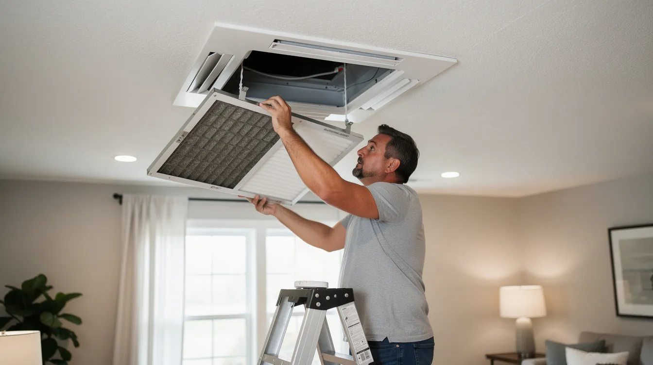 A homeowner is seen replacing a rectangular HVAC air filter in a ceiling return vent, an important step to improve indoor air quality by reducing indoor air pollutants and enhancing ventilation in the home environment. Proper maintenance of air filters helps prevent poor air quality and supports better health for building occupants.
