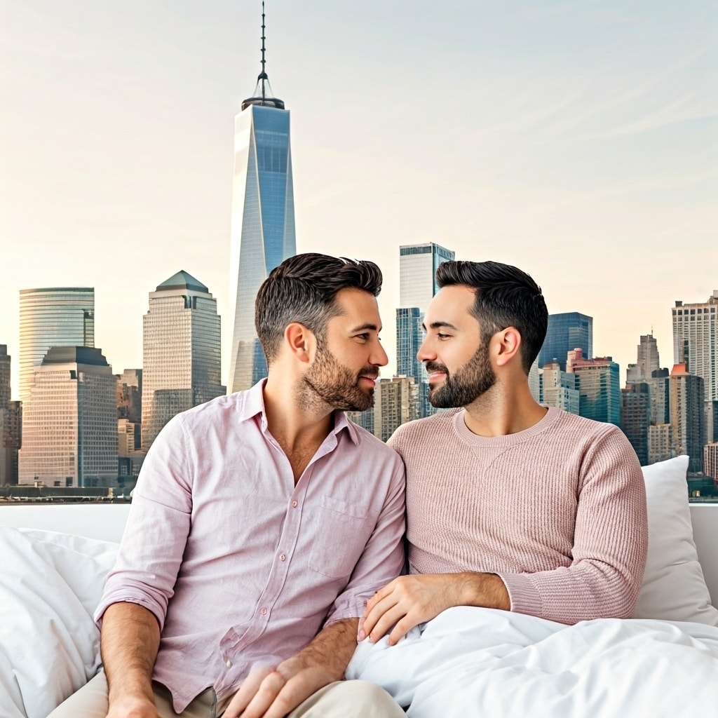 A gay couple in Lower Manhattan having an intimate, private conversation in a bedroom setting, asking spicy questions and showing trust and openness