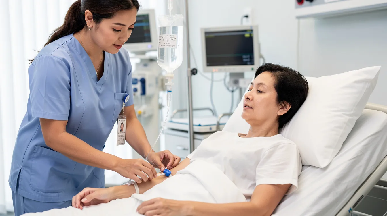 A medical professional is administering IV treatment to a patient in a clinical setting, addressing potential issues related to thiamine deficiency, which can lead to serious conditions like Wernicke-Korsakoff syndrome and brain damage due to chronic alcohol use. The scene highlights the importance of proper nutrition and treatment in managing the symptoms associated with alcohol use disorder.