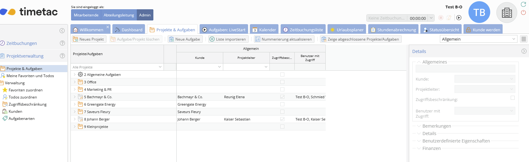 Die Projektansicht von Timetac
