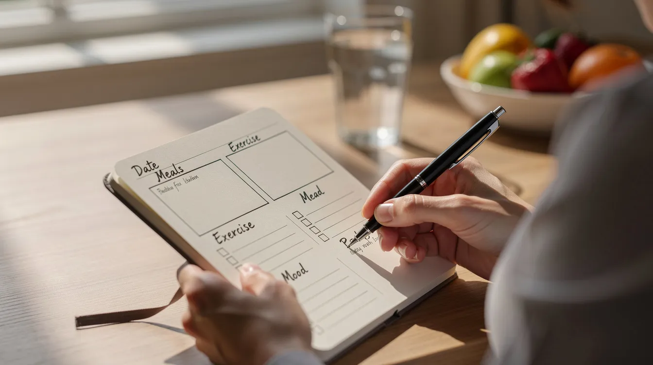 A person is sitting at a table, focused on writing in a small health tracking journal with a pen, likely documenting their experience with semaglutide and its side effects during the first week, such as appetite changes and nausea. The journal reflects their journey towards weight management and the adjustments in their eating habits.
