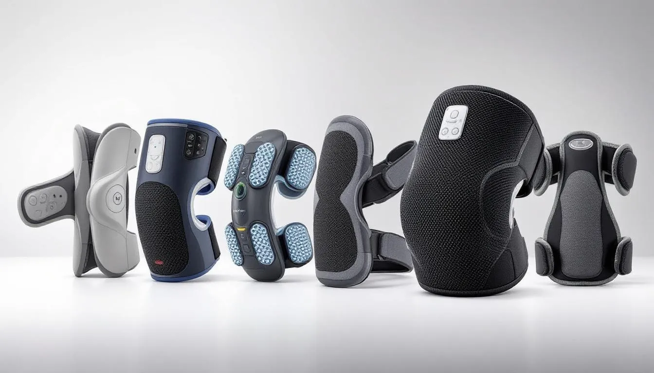 The image showcases a variety of knee massagers arranged side by side, each featuring unique designs and functionalities aimed at providing pain relief for knee issues. These devices are designed to enhance blood flow, reduce stiffness, and offer symptomatic relief for individuals dealing with chronic pain and discomfort in their knee joints.