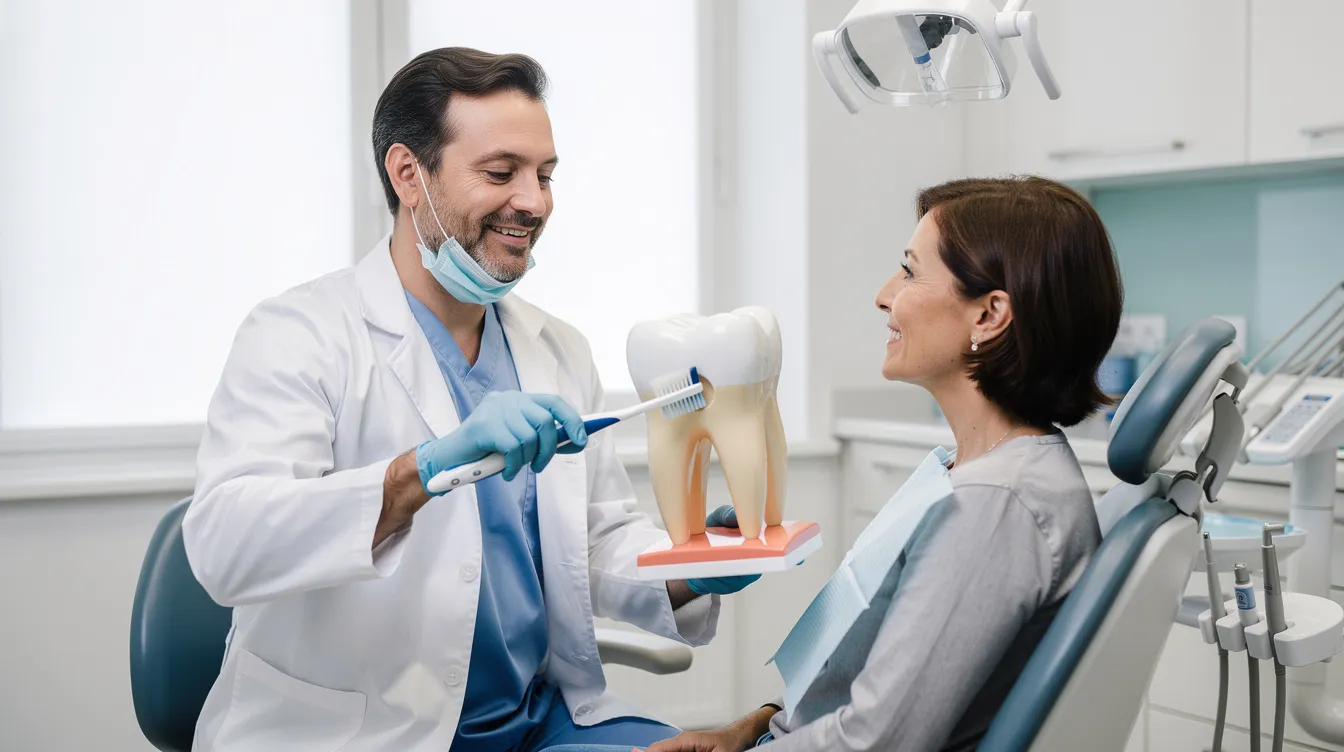 A friendly dentist is demonstrating proper brushing techniques on a large tooth model to an attentive patient in a bright, clean dental office. This scene highlights the importance of maintaining optimal oral health through regular dental check-ups and effective oral hygiene practices to prevent tooth decay and gum disease.