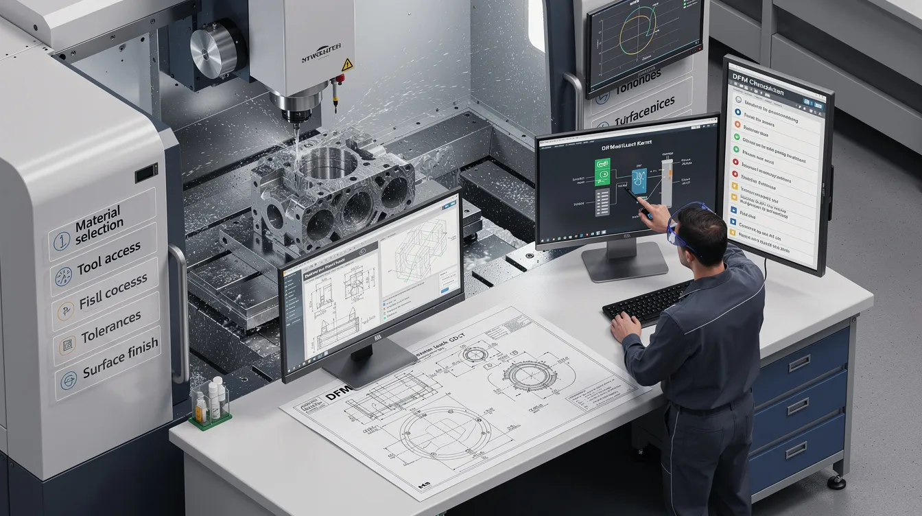 The image illustrates a detailed design for manufacturability (DFM) focused on high-tolerance CNC machining, showcasing advanced CNC equipment and precision machining solutions. It highlights the integration of CNC milling and turning processes, emphasizing the importance of achieving tight tolerances and exceptional precision in manufacturing for industries such as aerospace and automotive.