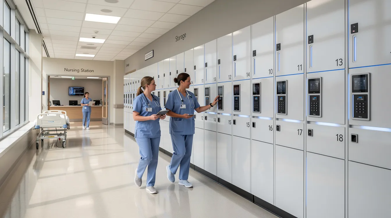The image depicts smart lockers installed along a bright hospital corridor, with healthcare workers engaged nearby. These smart devices enhance access control and security, providing robust features for managing entry in a commercial space.
