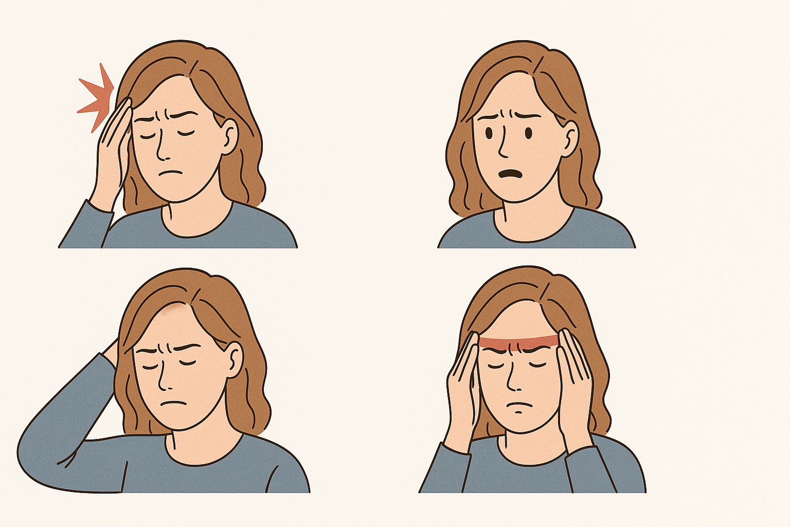 Fire typer hodepine vist med ulike ansiktsuttrykk.