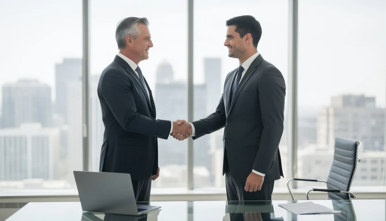 Na zdjęciu dwóch biznesmenów uścisnęło sobie ręce w biurze, co symbolizuje nawiązanie współpracy. W tle widać nowoczesne biuro, które sugeruje profesjonalne otoczenie, sprzyjające finansowaniu i faktoringowi dla polskich przedsiębiorców.