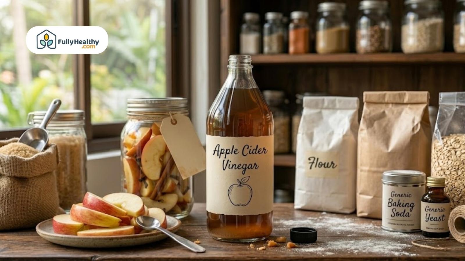 Apple cider vinegar bottle with apples and baking ingredients