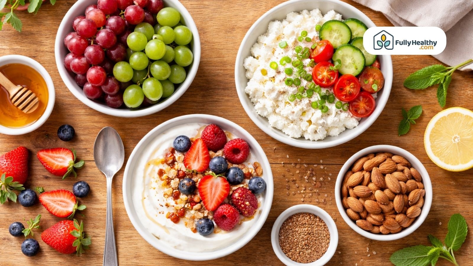 Mixed healthy snacks with grapes yogurt cottage cheese and almonds