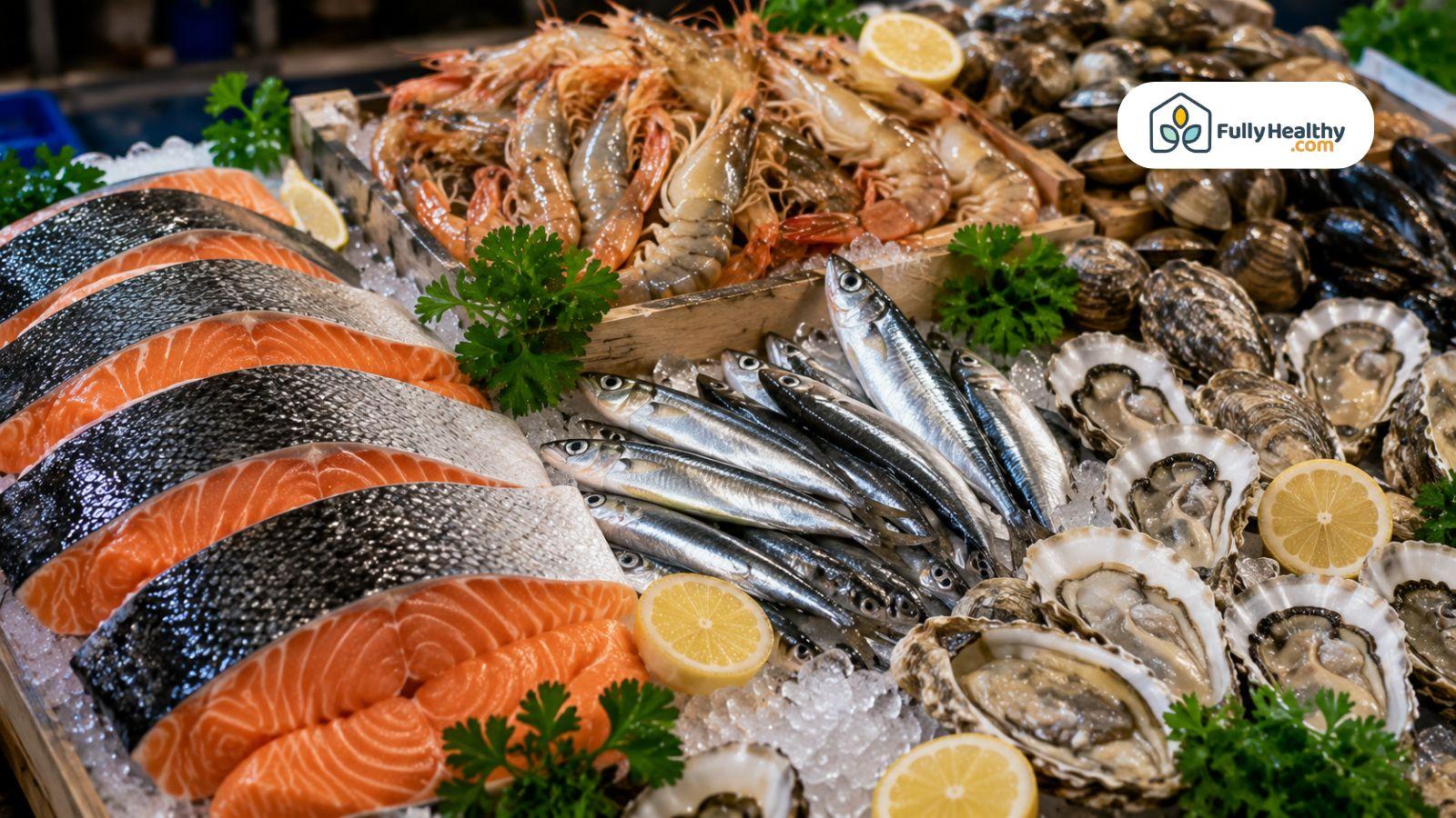 Fresh salmon sardines oysters and shellfish displayed as collagen rich seafood choices