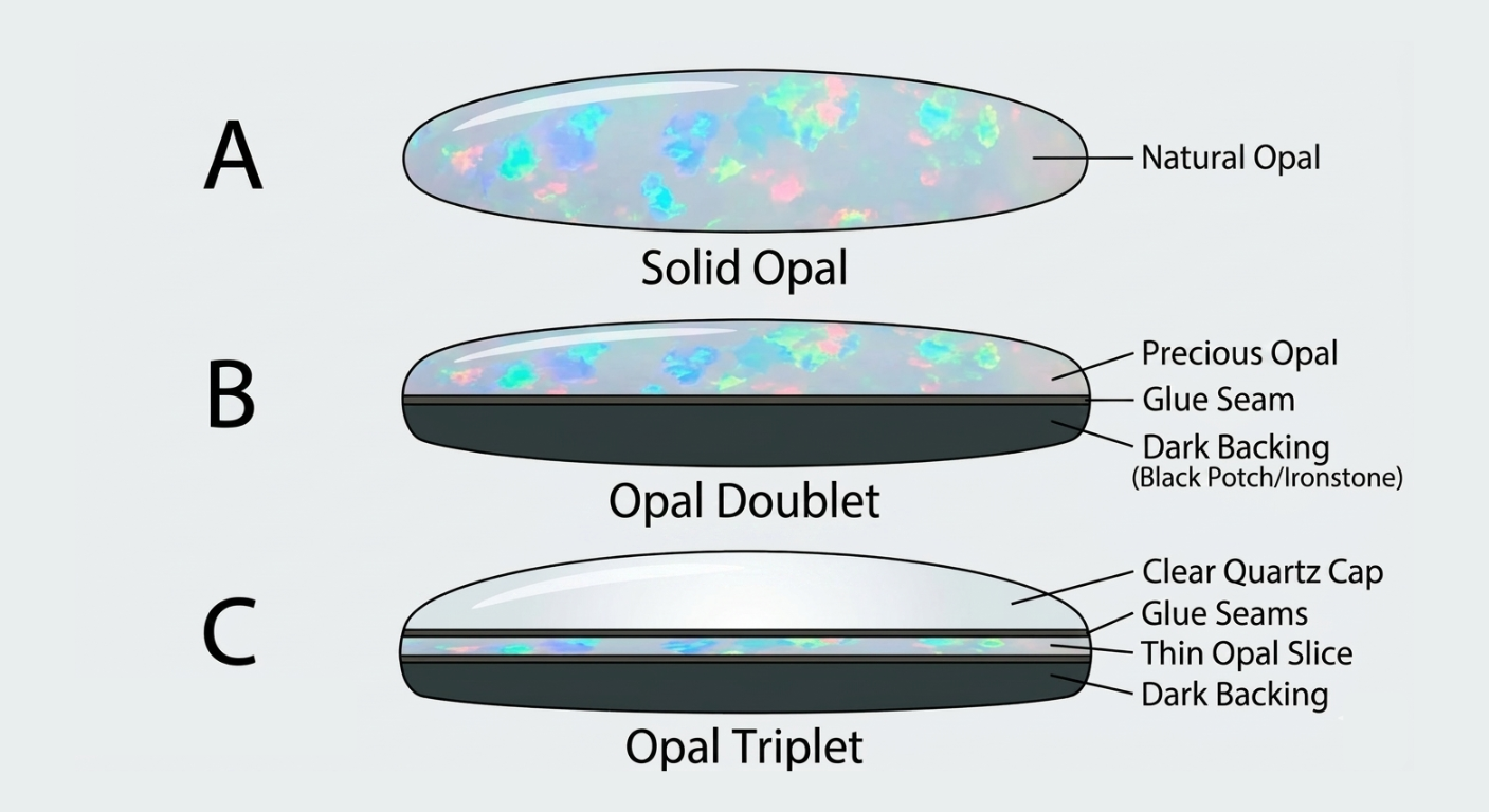 Cross-section diagram comparing solid opal, opal doublet, and opal triplet layers