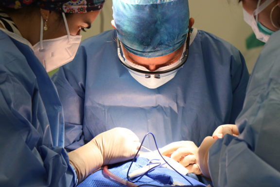 Oral surgeon performs a dental implant procedure