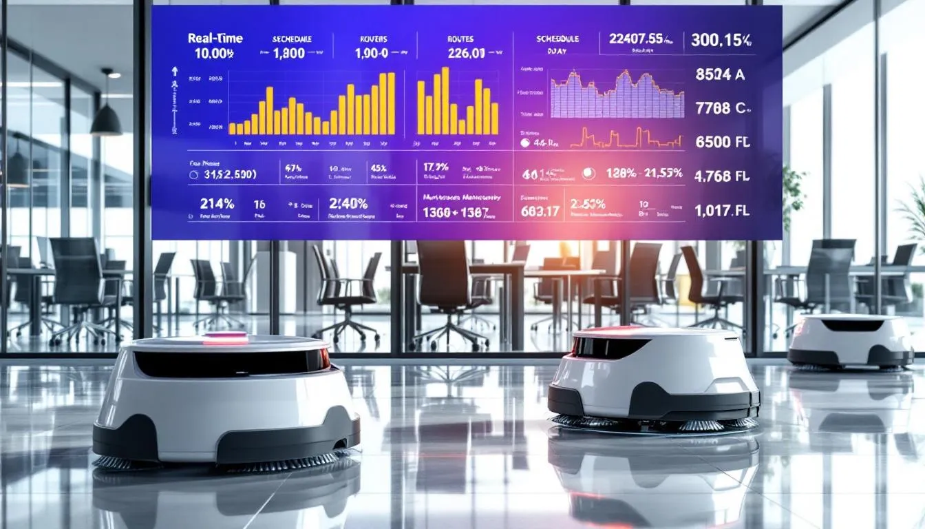 The image depicts an autonomous cleaning robot operating in a busy public space, such as a train station or shopping center, efficiently navigating through crowds with its obstacle avoidance system. This robot is designed for commercial cleaning, showcasing its ability to maintain consistently high cleaning quality in complex environments while performing tasks like floor cleaning and vacuuming autonomously.