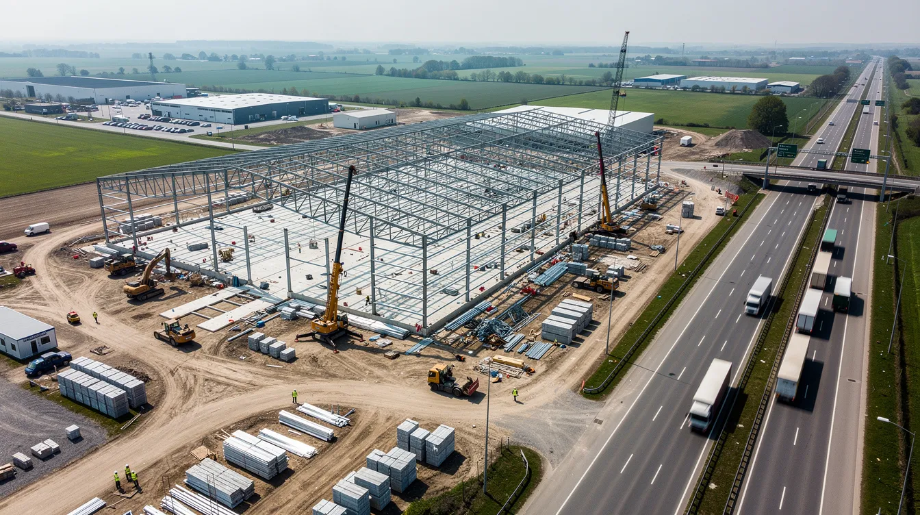 An aerial view captures a large warehouse construction site located next to a busy highway, where trucks are seen traveling on the road. This scene highlights the construction industry in the Lehigh Valley, emphasizing the importance of skilled workers and workforce development initiatives such as registered apprenticeship programs.