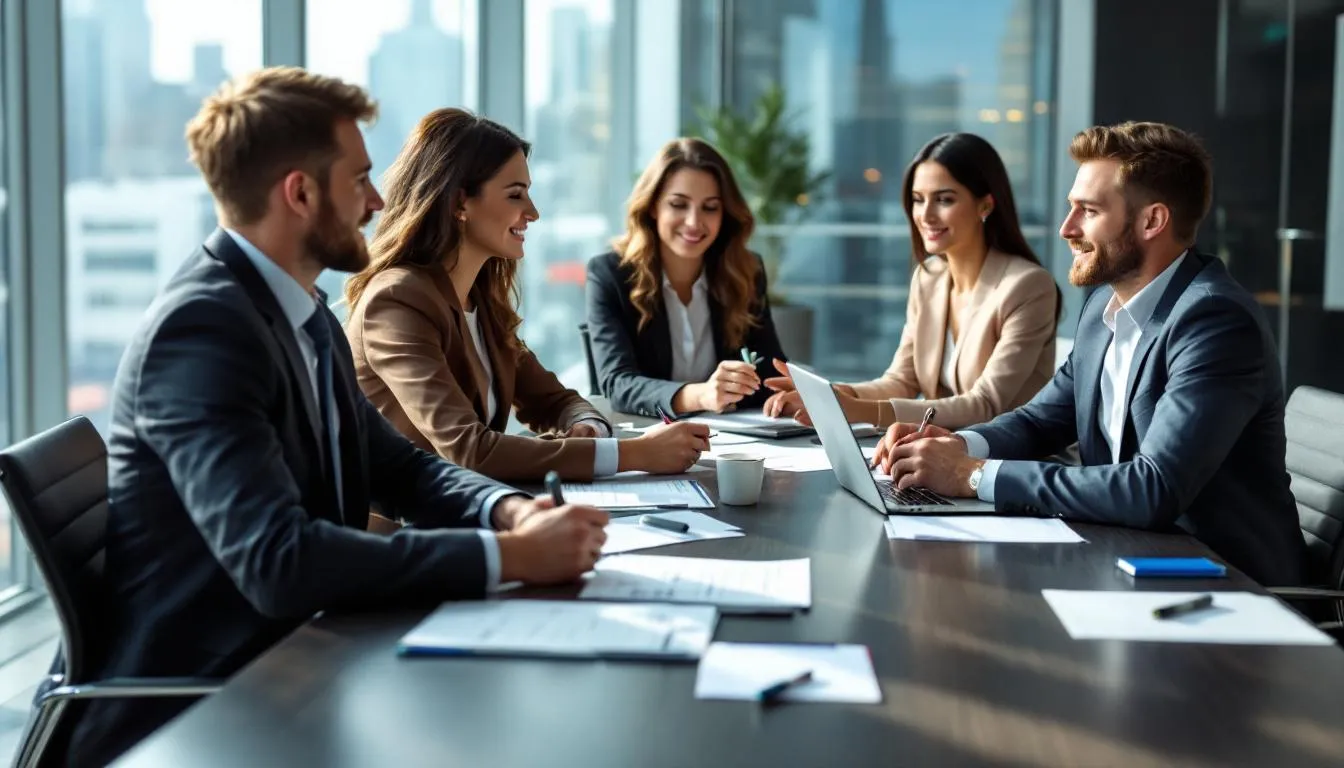 A group of professionals is engaged in a business meeting around a conference table, discussing digital marketing strategies while using laptops and reviewing documents. They are focused on aligning their digital marketing efforts with business objectives to drive growth and enhance their online presence.